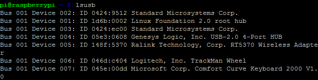 Use lsusb to learn about USB devices connected to the Raspberry Pi